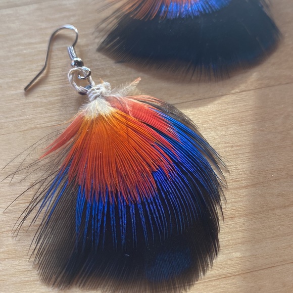 Feather Earrings Handmade by Indigenous Women Amazon Rainforest, Ecuador - Picture 2 of 5